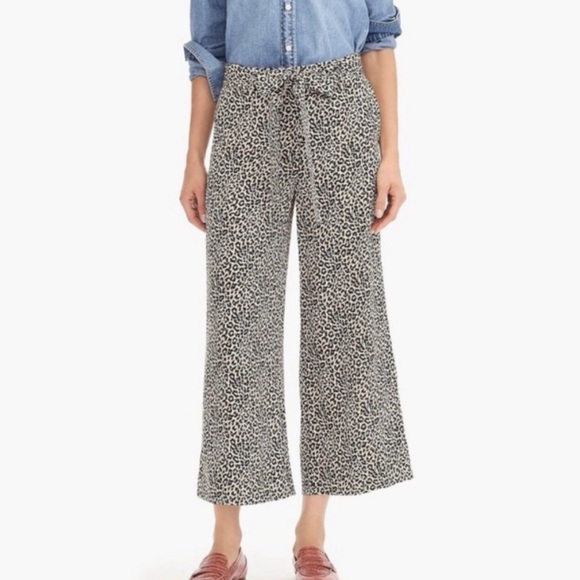 NWT J Crew Wide Leg Crop Pants Leopard Print Silk Tie Waist - Picture 12 of 14